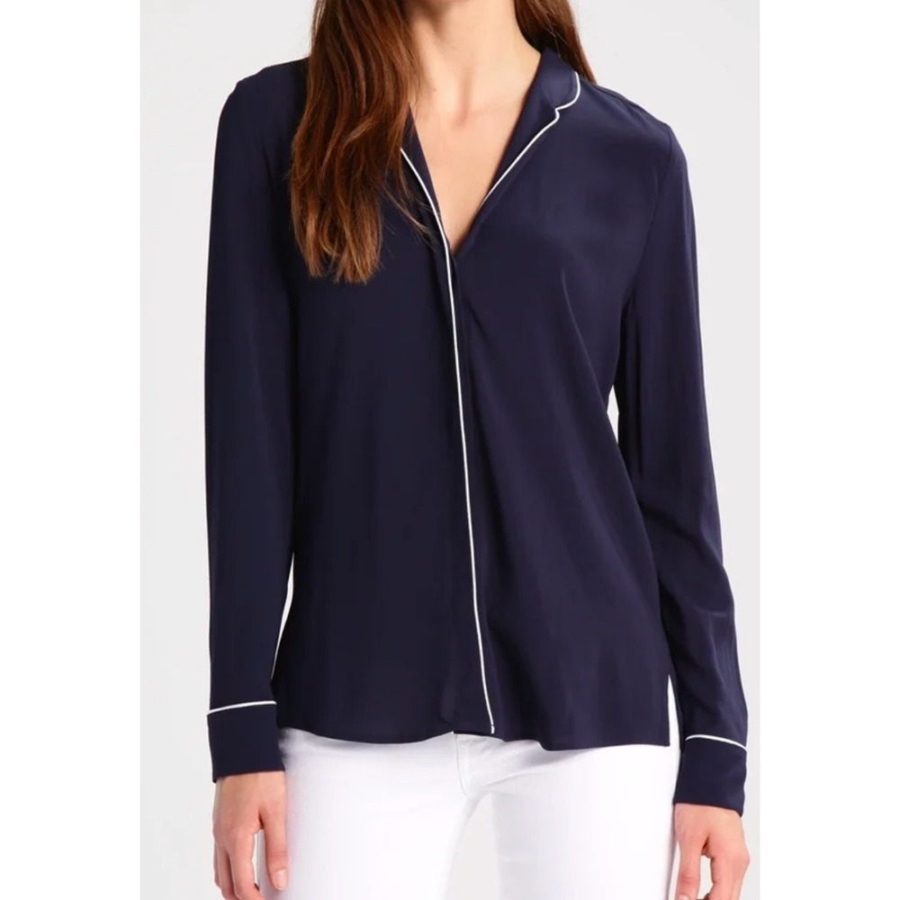 Hugo Boss Navy‎ Blue Piping V-Neck Long Sleeve Blouse Top US 4 UK 8 IT 40